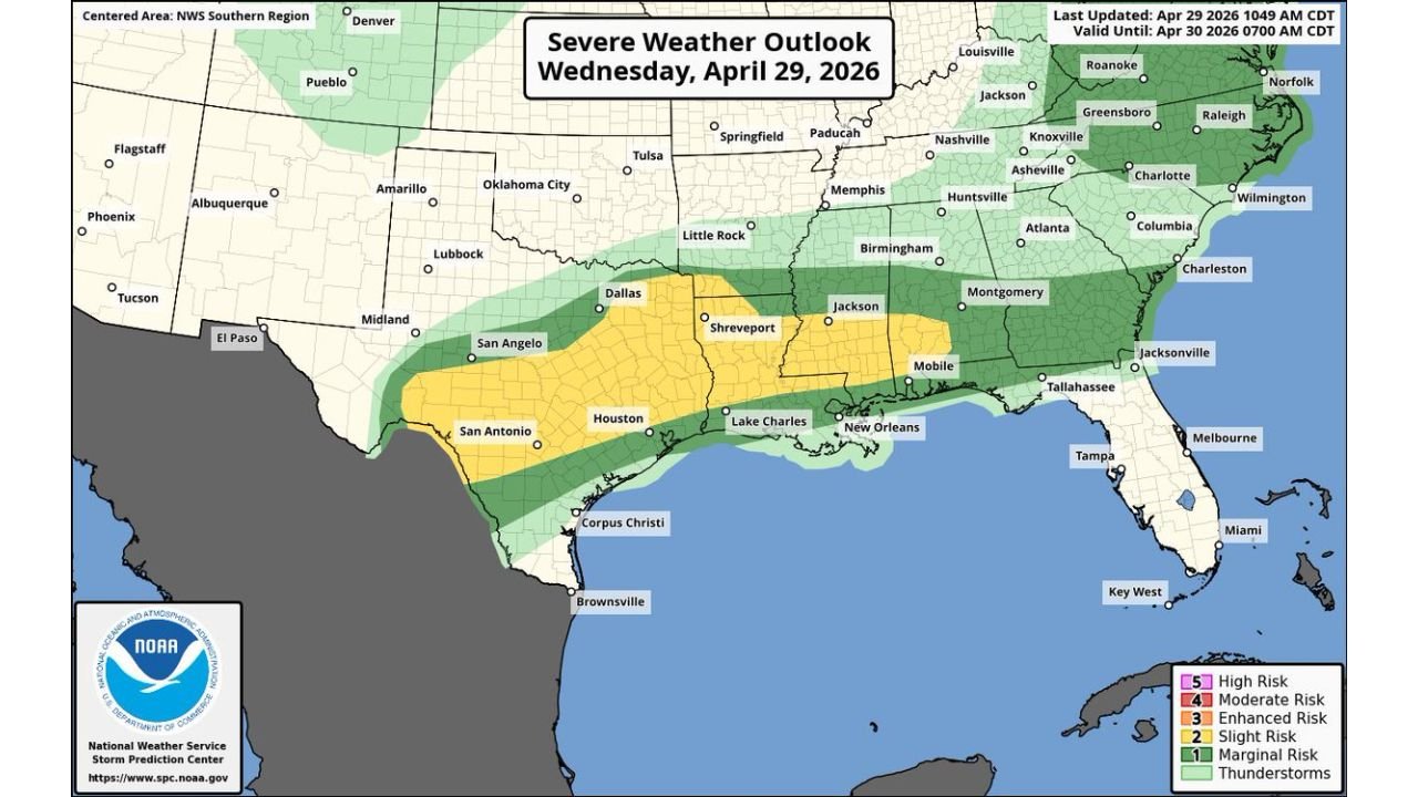Severe Threat Upgraded Wednesday as Two Slight Risks Added Across South Central US and East Coast for Hail and Damaging Winds
