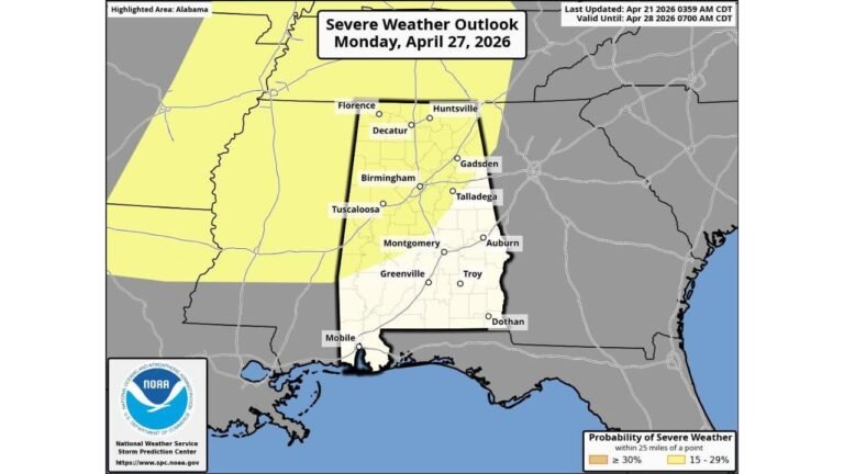 Severe Thunderstorm Risk Outlined for North and West Alabama Monday April 27 as Pattern Change Opens the Door