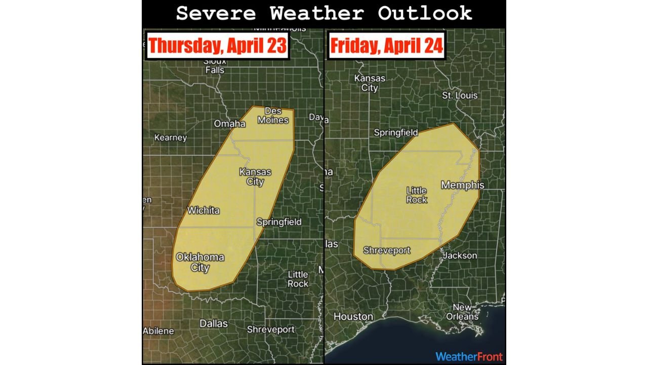 Severe Weather Threat Targets Oklahoma to Iowa Thursday and Shifts to Arkansas and Memphis Friday