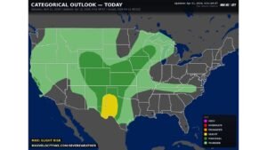 Slight Risk Severe Weather Targets West Texas Saturday Afternoon And Evening With Scattered Thunderstorms Rapidly Becoming Severe Bringing Large Hail And Damaging Winds Across Midland Odessa San Angelo And Abilene Along I-20 Corridor With Brief Tornado Possible
