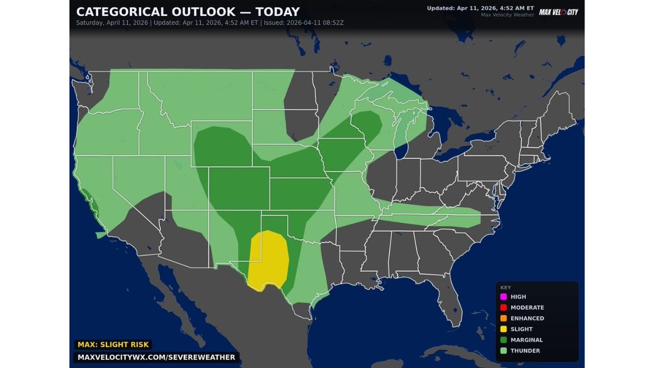 Slight Risk Severe Weather Targets West Texas Saturday Afternoon And Evening With Scattered Thunderstorms Rapidly Becoming Severe Bringing Large Hail And Damaging Winds Across Midland Odessa San Angelo And Abilene Along I-20 Corridor With Brief Tornado Possible