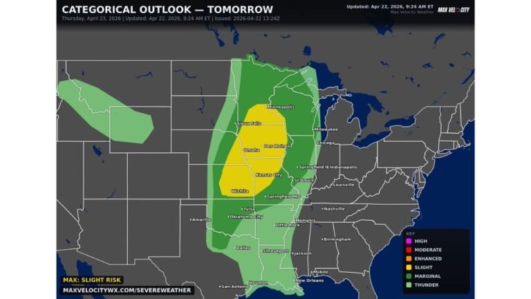 Slight Risk of Damaging Winds Large Hail and Tornadoes Targets Wichita Omaha Kansas City and Minneapolis Thursday
