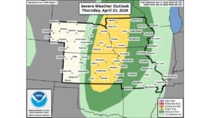 Slight Risk of Large Hail Tornadoes and Damaging Winds Sweeps From Northern Oklahoma to Southern Minnesota Thursday April 23