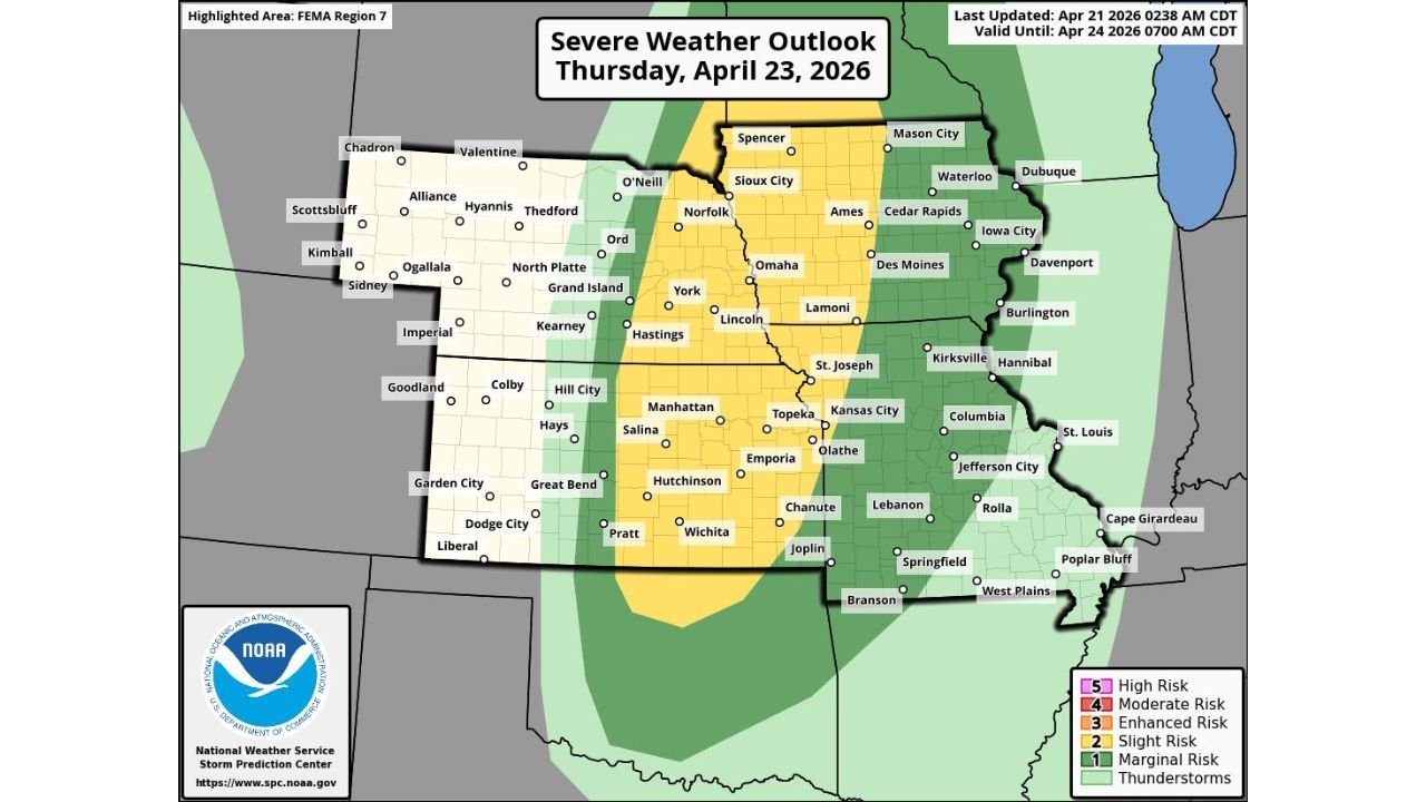 Slight Risk of Large Hail Tornadoes and Damaging Winds Sweeps From Northern Oklahoma to Southern Minnesota Thursday April 23