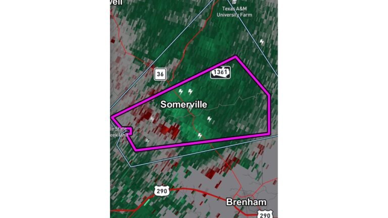 Somerville Texas Under Tornado Warning as Radar Indicates Rotation Near Brenham and Highway 36 Corridor