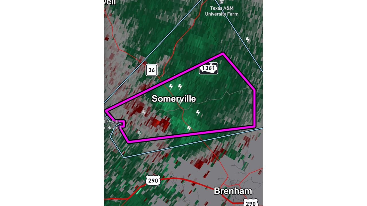 Somerville Texas Under Tornado Warning as Radar Indicates Rotation Near Brenham and Highway 36 Corridor