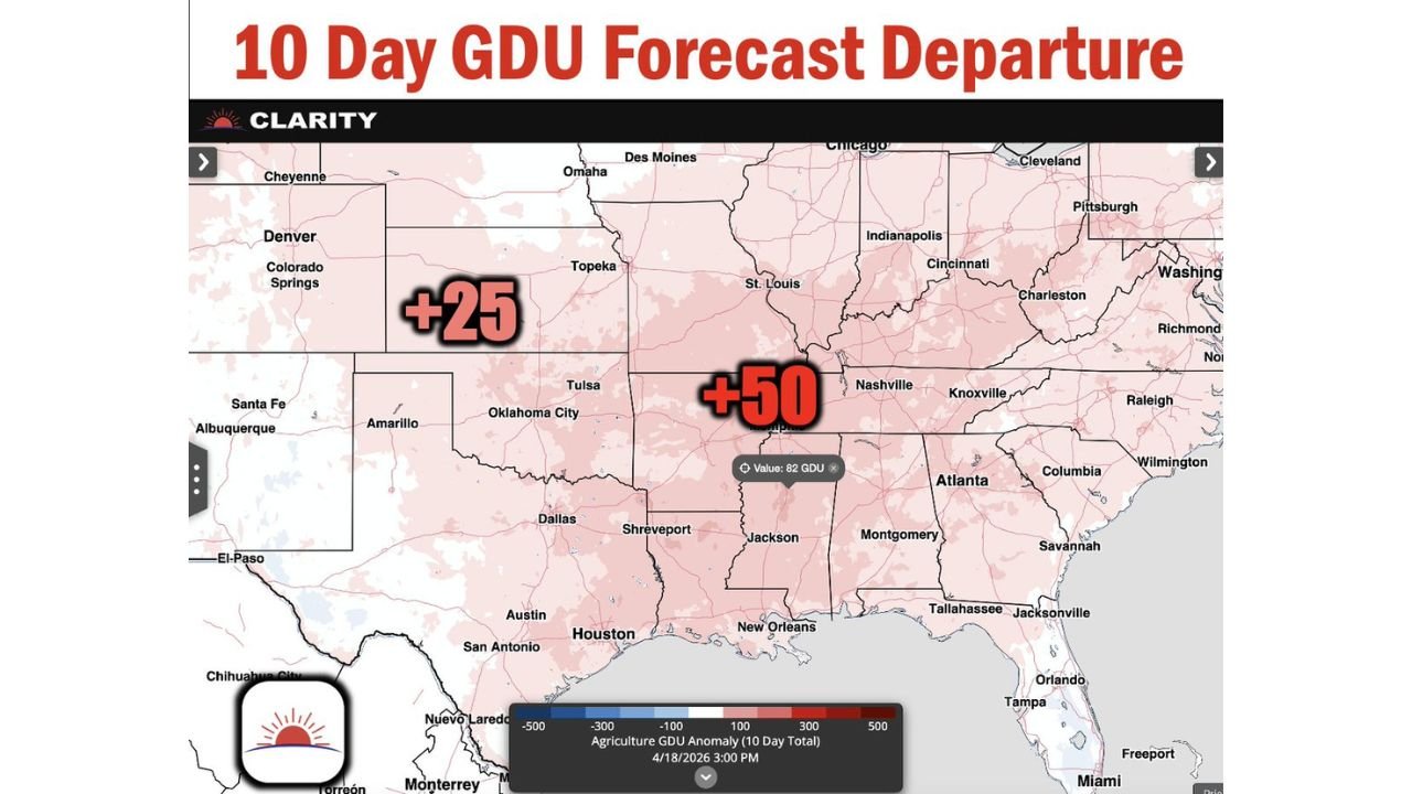 Southern States From Texas to Tennessee See Surge in Growing Degree Days as Mid-April Warmth Accelerates Crop Development