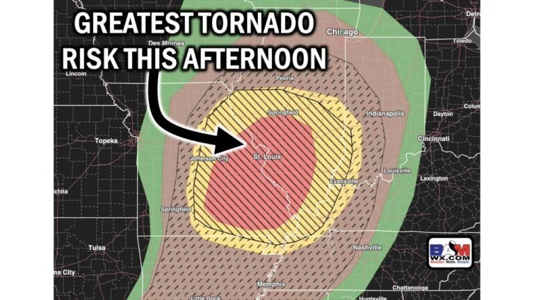 St. Louis, Springfield and Evansville Face the Greatest Tornado Risk This Afternoon With Strong to Intense Tornadoes and 3-Inch Hail Possible
