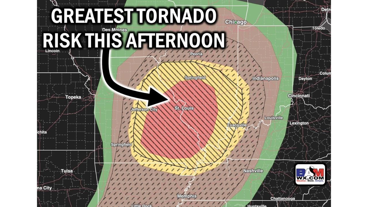 St. Louis, Springfield and Evansville Face the Greatest Tornado Risk This Afternoon With Strong to Intense Tornadoes and 3-Inch Hail Possible