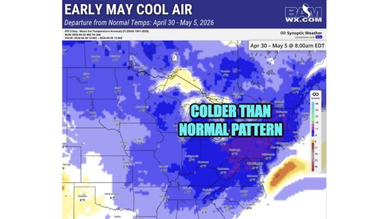 Temperatures to Run 2 to 5 Degrees Below Normal Across the Midwest and East Coast From April 30 Through May 5