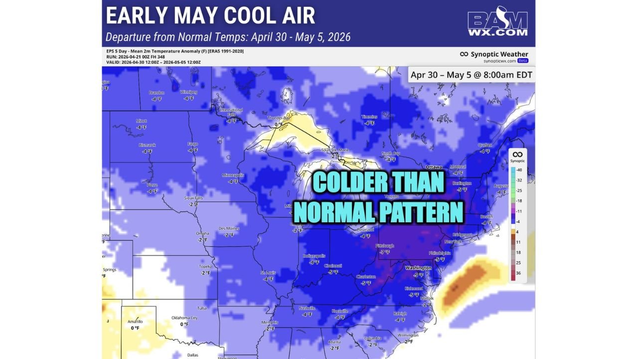 Temperatures to Run 2 to 5 Degrees Below Normal Across the Midwest and East Coast From April 30 Through May 5
