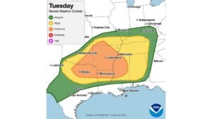 Texas, Arkansas, Oklahoma and Louisiana Face Multiple Rounds of Severe Storms Tuesday With Giant Hail Up to 4 Inches and Tornadoes Possible