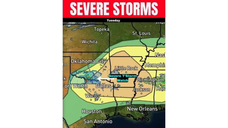Texas, Arkansas and Louisiana Face Severe Storms Tuesday With Giant Hail Over 3 Inches and Severe Thunderstorm Watch in Effect