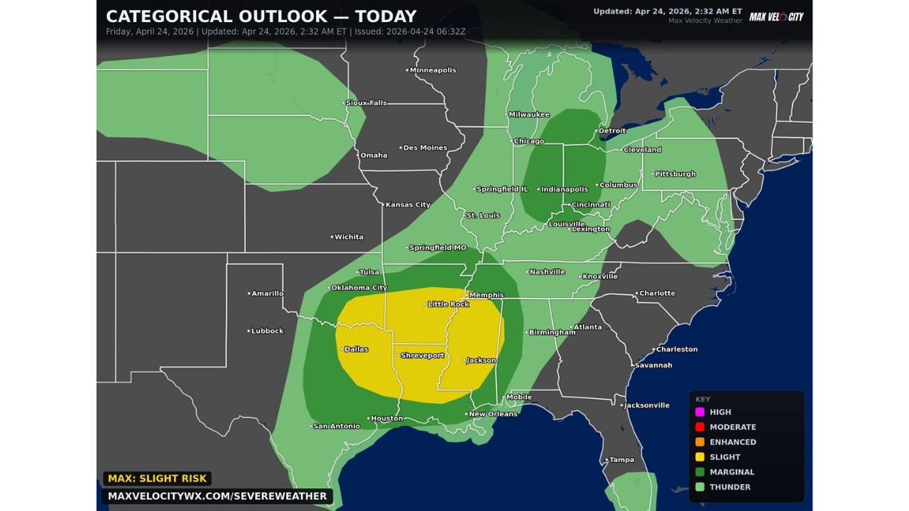 Texas, Arkansas and Louisiana Face Strong Tornadoes, Damaging Winds and Very Large Hail Today April 24