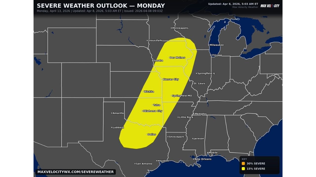 Texas, Oklahoma, Kansas, Missouri and Iowa Under Rare Day 6 Severe Risk With Tornadoes, Large Hail and Damaging Winds Possible