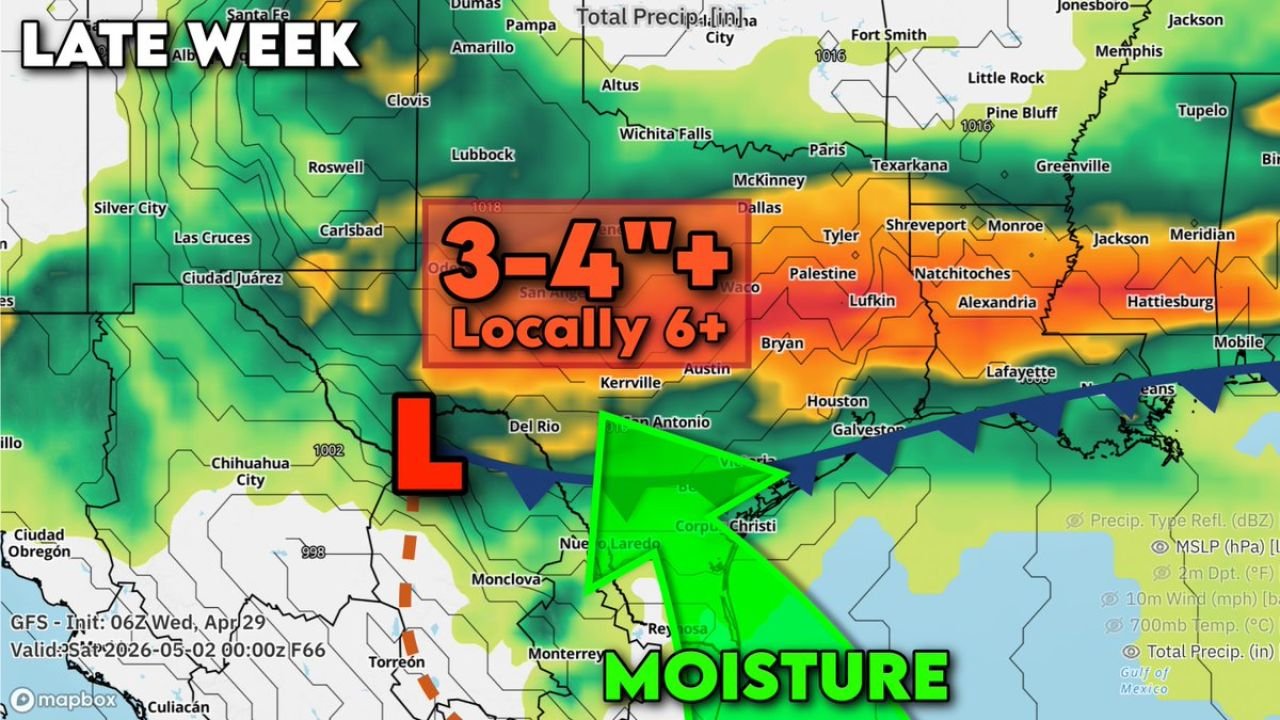 Texas and Gulf Coastal States Face Heavy Rainfall Late Week as Cold Front Funnels Gulf Moisture With Locally 6 Inches Possible