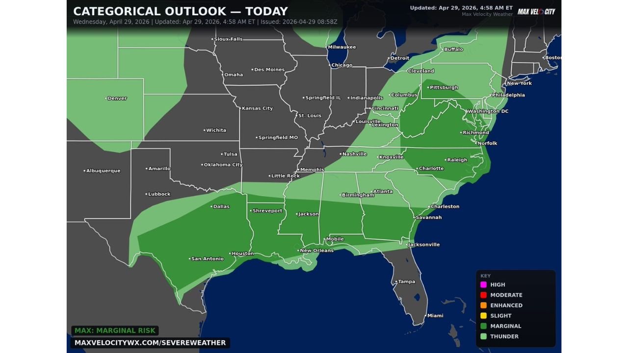 Texas to Maryland Face Isolated Damaging Winds, Large Hail and Tornado Threat Today as Spring Storm System Moves Through