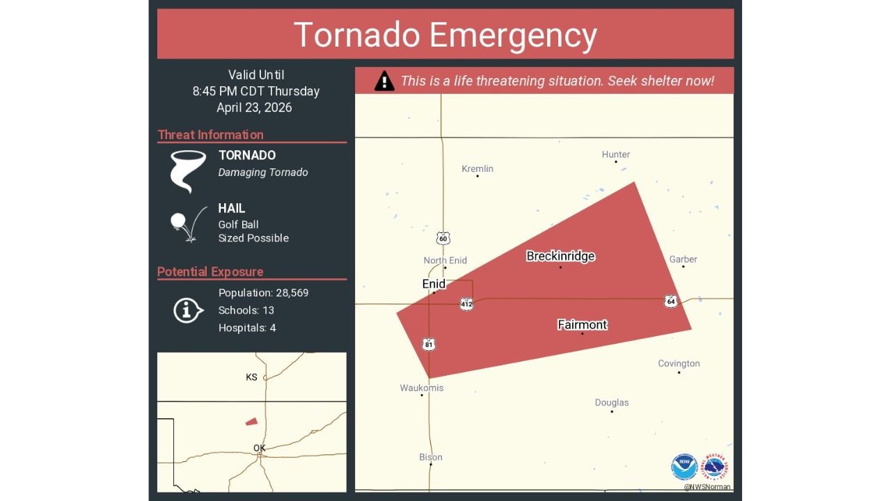 Tornado Emergency Issued for Enid, Breckinridge and Fairmont Oklahoma Until 8:45 PM CDT April 23