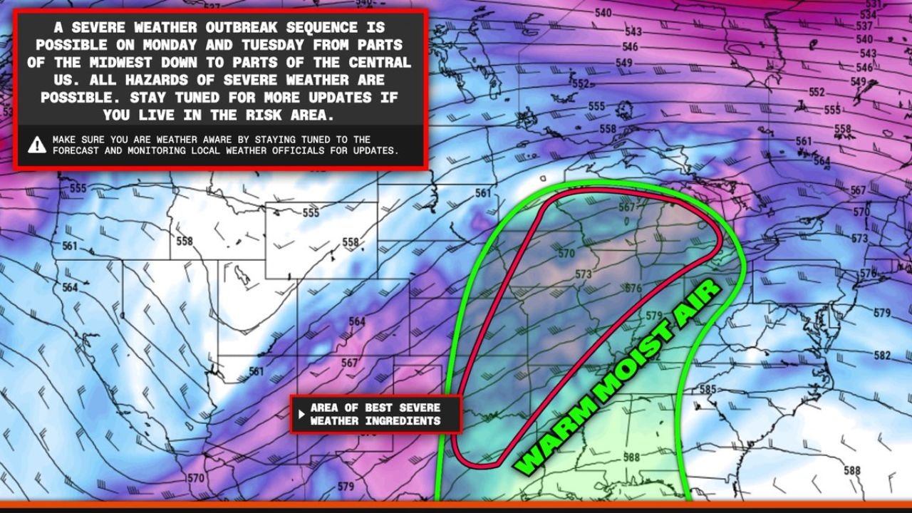 Tornado Outbreak Potential Peaks Monday And Tuesday From Southern Plains To Great Lakes As Severe Weather Outbreak Sequence Threatens Midwest And Central US With All Hazards Possible