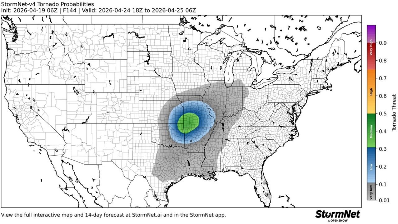 Tornado Probability Surges to Medium Threat Level Across Arkansas and Missouri for Friday April 24