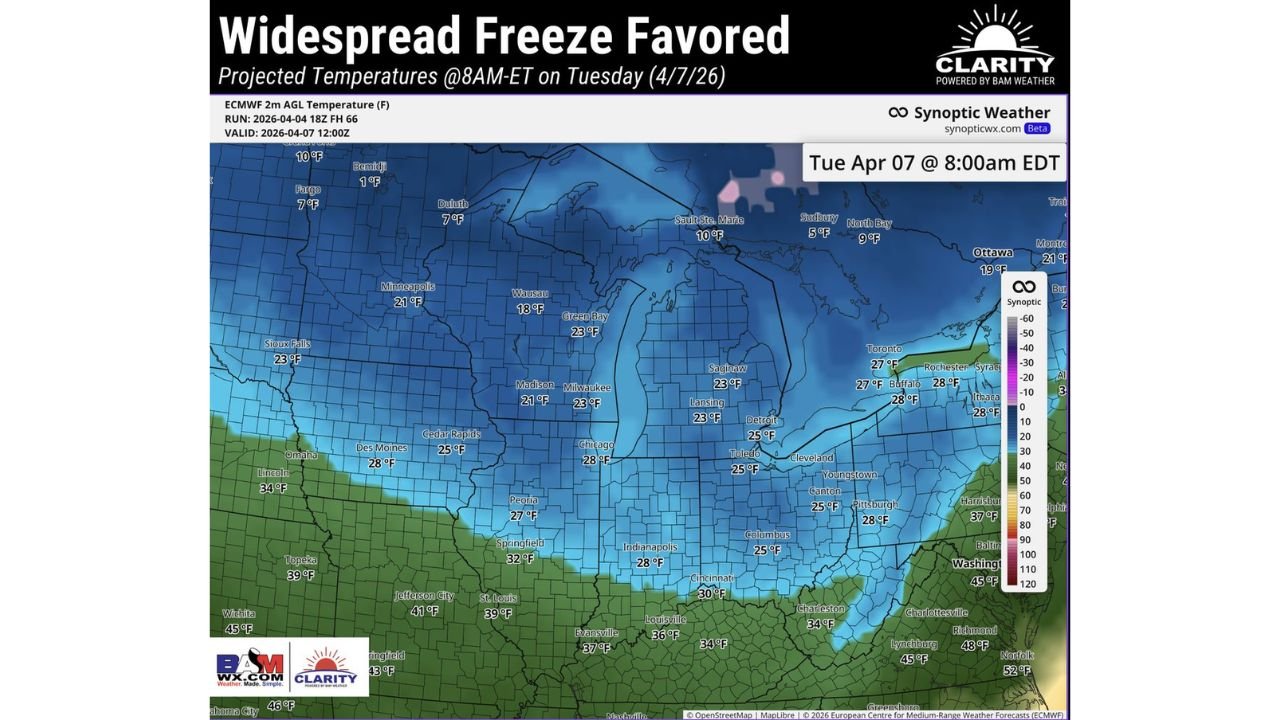 Tuesday 8AM Timeline Alert: Midwest to Great Lakes Faces Widespread Freeze as Temperatures Crash Below Freezing Again