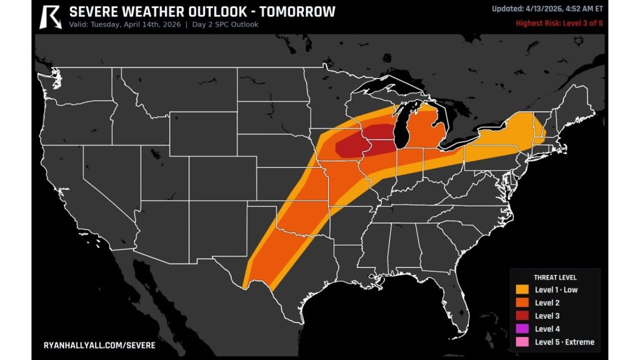 Tuesday Just Got Upgraded: Iowa, Illinois, and Wisconsin Now Face an Enhanced-Level Severe Weather Threat This Afternoon and Night With Large Hail and Tornadoes as the Highest Concern