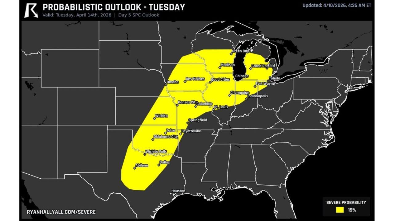 Tuesday Severe Weather Threat May Stretch From Texas Dryline Through Oklahoma, Missouri and Illinois Into Great Lakes With Tornadoes, Large Hail and Wind Risk