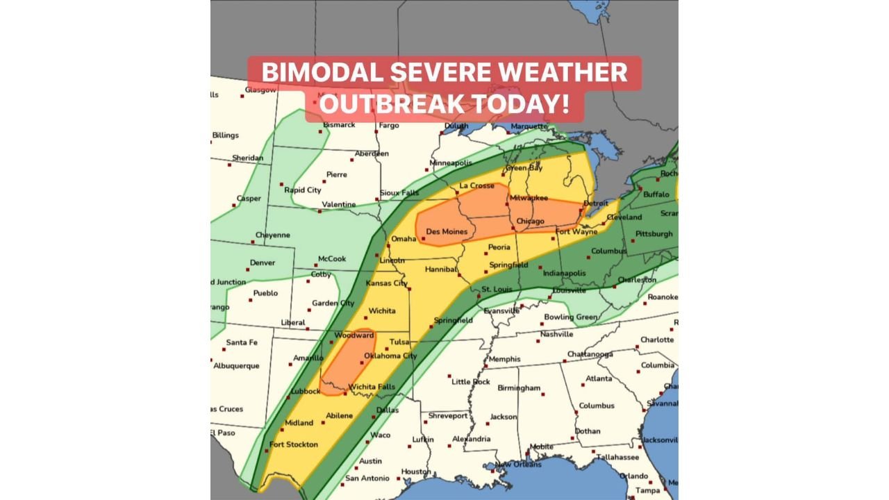 Two Separate Tornado Outbreaks Firing Simultaneously Today: EF2-Plus Tornadoes Threaten Eastern Iowa, Northern Illinois, and Southern Wisconsin by 4 PM While Oklahoma and North Texas Face a Ramping Tornado Threat After Dark