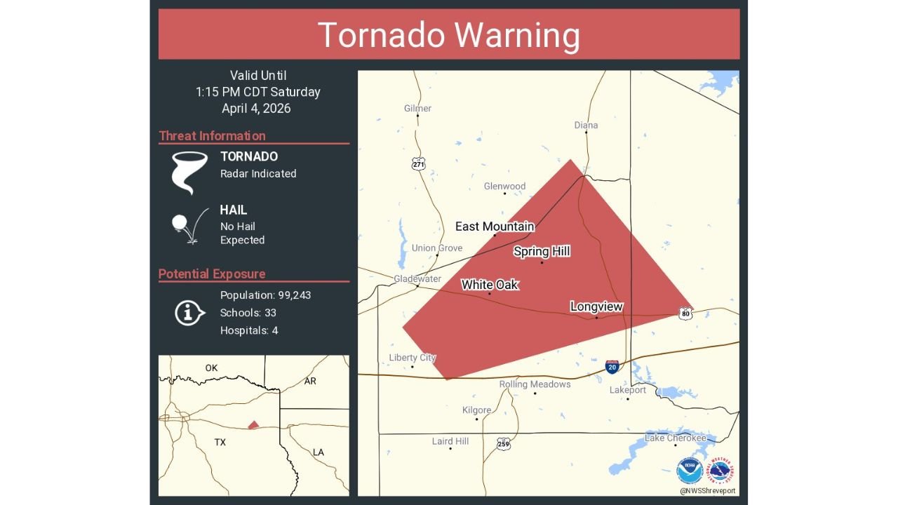 Until 1:15 PM CDT Alert Window: Tornado Warning Targets Longview, White Oak, and Clarksville City as Radar Indicates Rotation