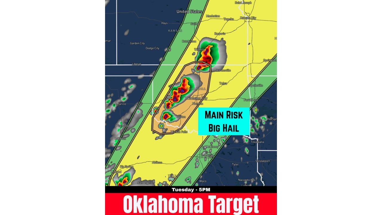 While All Eyes Are on Wisconsin, Oklahoma Is Getting Slammed Too: Golf Ball to Baseball-Sized Hail Up to 2-3 Inches Looking Increasingly Likely From Vernon Texas Through Oklahoma City and Up I-44 to the Kansas Border by 3-5 PM Today