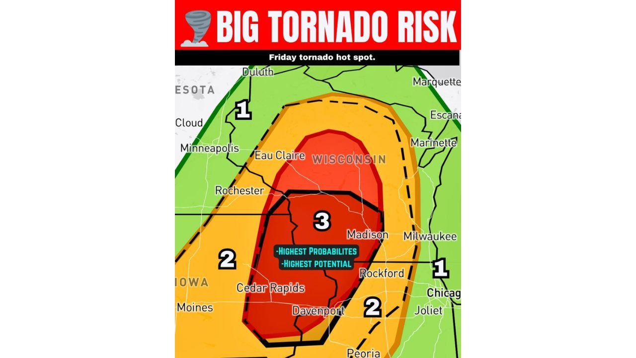 Wisconsin, Iowa and Illinois Face Significant Tornado Threat Friday With Level 3 Risk Zone