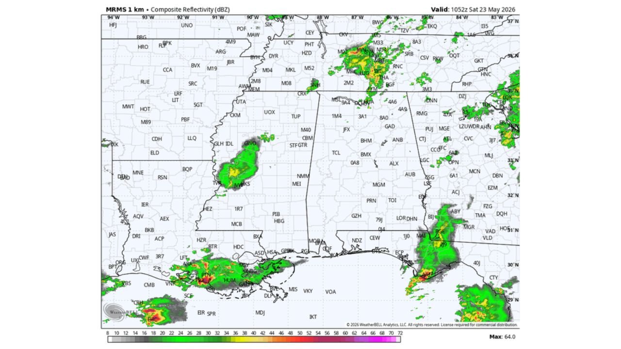 Alabama Memorial Day Weekend Forecast Shows Scattered Storms Daily From 1 PM to 10 PM With Highs in the Low 80s, Sunny Morning Hours, and No Organized Severe Weather Risk Through Monday