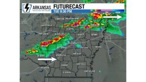 Arkansas Faces Large Hail, Strong Winds and Tornadoes Tuesday Afternoon and Evening With Storms Tracking From Fort Smith Through Russellville to Jonesboro by 9:30 PM