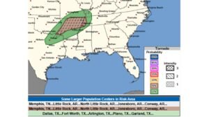 Arkansas, Tennessee, Louisiana and Mississippi Face 15 Percent Tornado Probability Today and Tomorrow With Memphis, Little Rock and Dallas in the Risk Zone