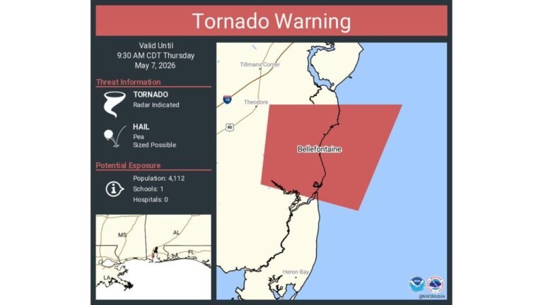 Bellefontaine, Alabama Under Active Tornado Warning Until 9:30 AM CDT Thursday With Radar Indicated Tornado and Pea Sized Hail Possible