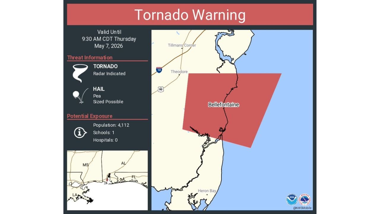 Bellefontaine, Alabama Under Active Tornado Warning Until 9:30 AM CDT Thursday With Radar Indicated Tornado and Pea Sized Hail Possible