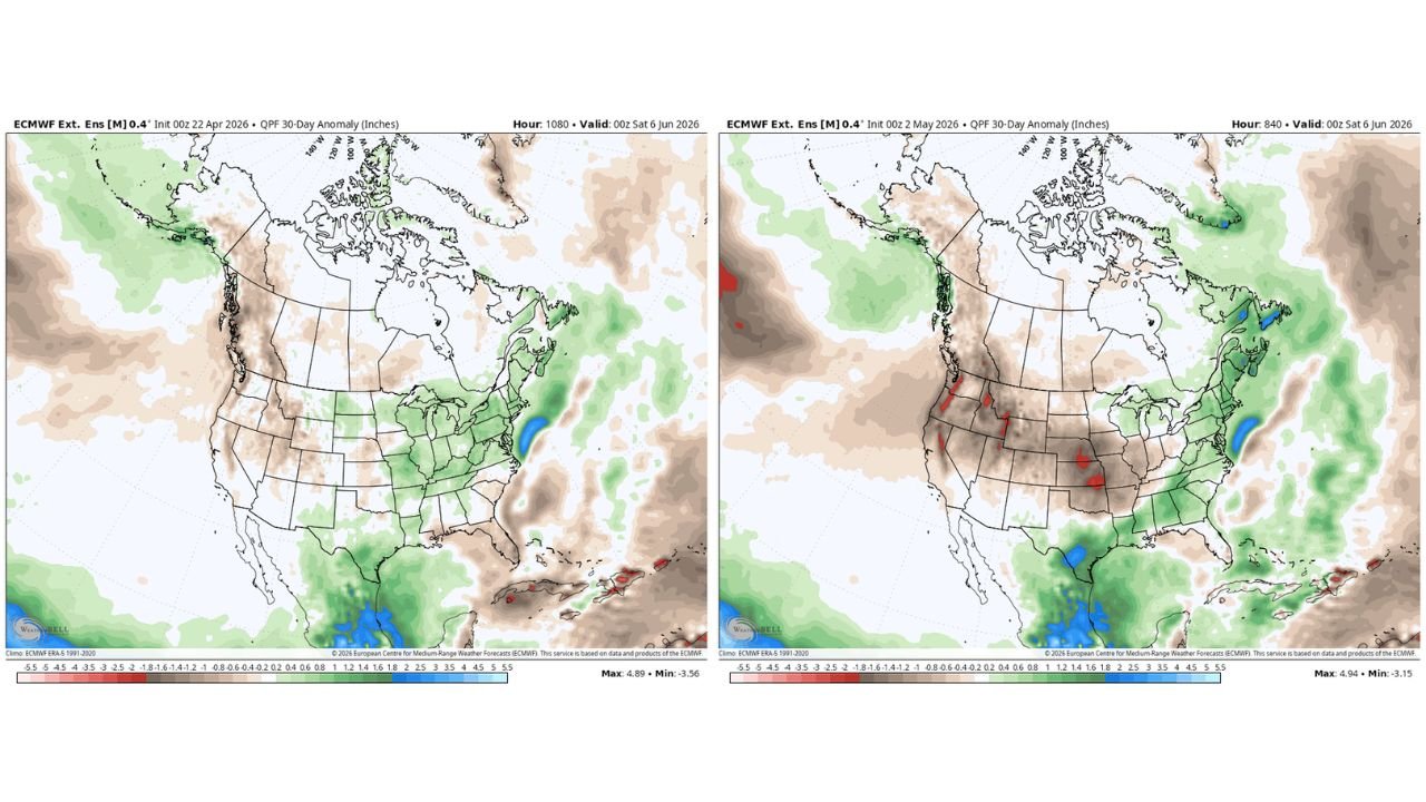 Central United States Precipitation Outlook Flips From Wet to Much Drier for May 5 Through June 5 as 30-Day Forecast Undergoes Major Change