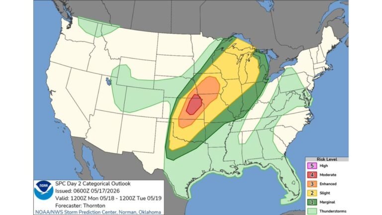 Central and Northeastern Kansas and Southeastern Nebraska Placed Under SPC Moderate Risk as Day 2 Outlook Locks In Monday Severe Weather Threat
