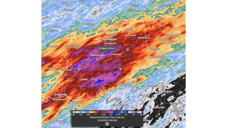 Central and Southern Indiana Drenched With Up to 5.74 Inches of Rain in 2 Days as Indianapolis Bloomington Columbus and Jasper Face More Rain Ahead of Race Weekend