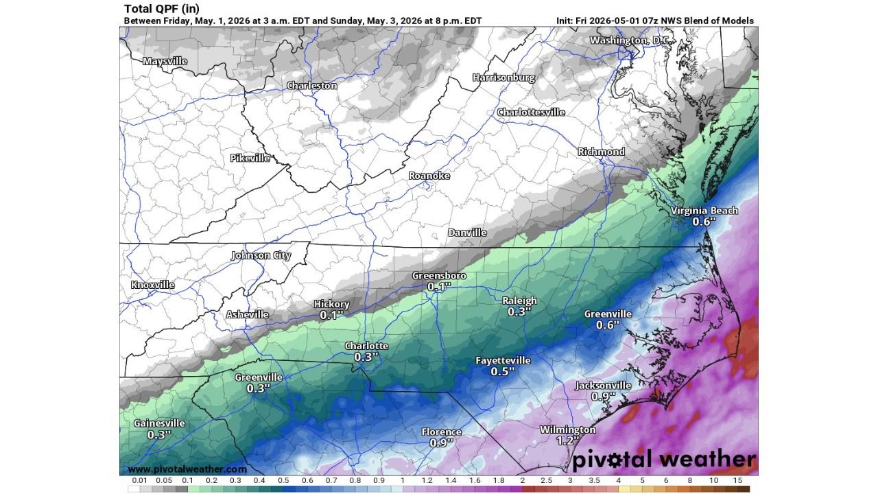 Charlotte, Triad and Piedmont Face Gloomy and Chilly Saturday While Wilmington, Florence and the Carolina Coast See the Heaviest Rain