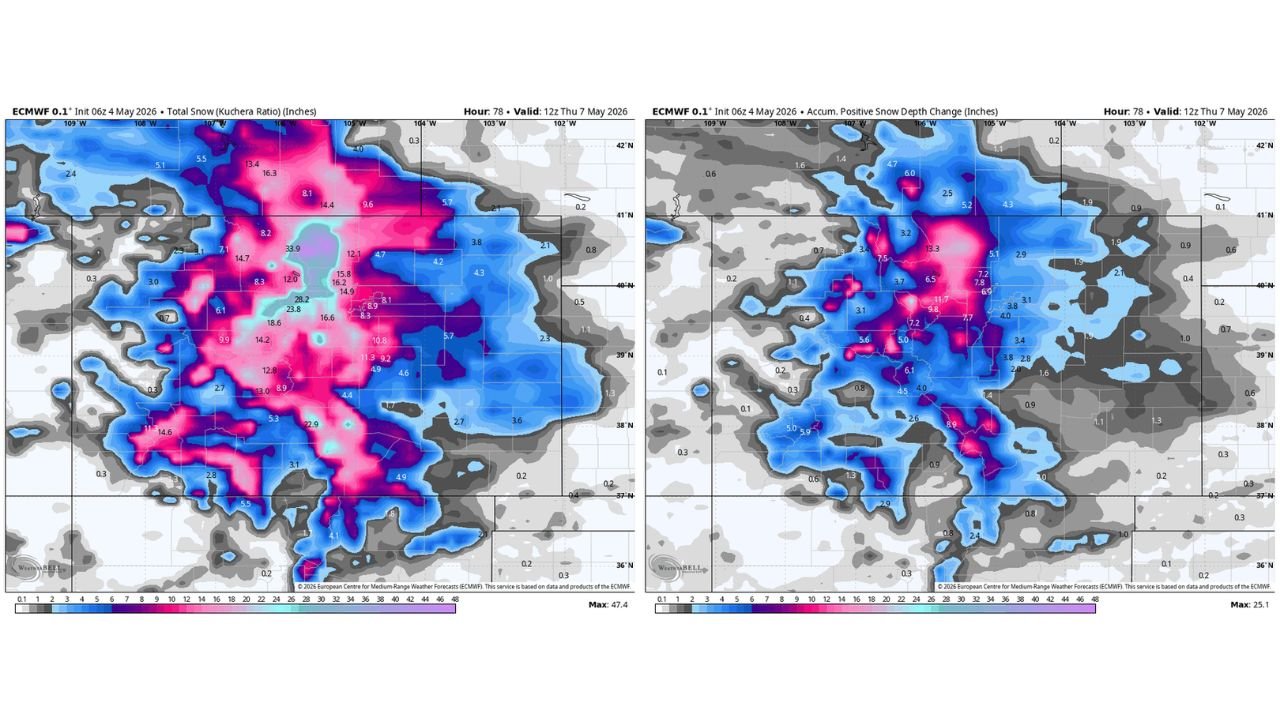 Colorado and Wyoming Face Up to 47 Inches of Total Snowfall Through Thursday May 7 With Up to 25 Inches Sticking as Warm Ground and Leafed Out Trees Create Major Damage Risk