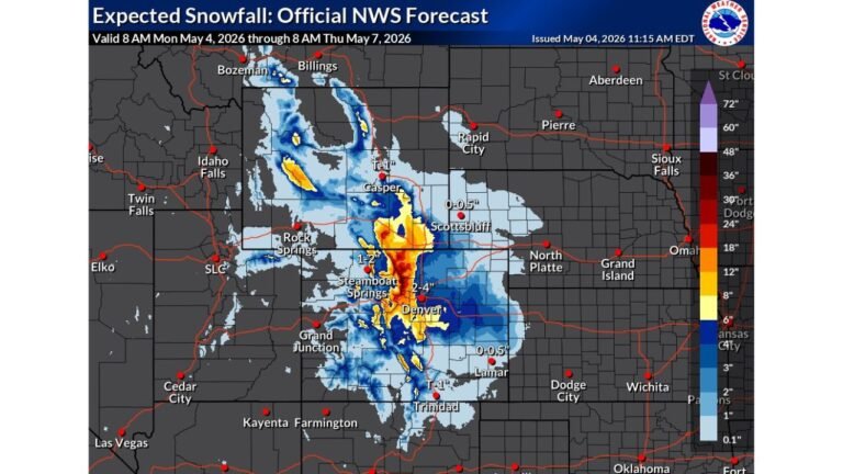 Colorado and Wyoming Face Winter Storm Watches and Warnings With 2 to 4 Feet of Snow Expected Near Denver and the Central Rockies Tonight Through Wednesday May 7