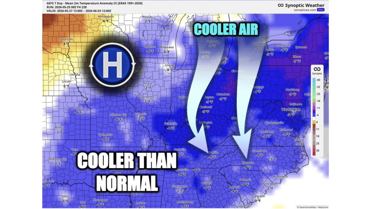 Cooler Than Normal Temperatures to Close Out May and Start June Across Minnesota, Wisconsin, Ohio, the Carolinas, and the Eastern United States as Northerly Flow Takes Over