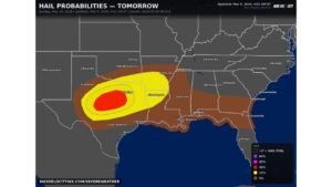Dallas, Lubbock, Shreveport, and Houston Face Giant 2 to 3 Inch Hail on Mother’s Day Sunday May 10 With 30 Percent Probability Zone Centered Over Dallas