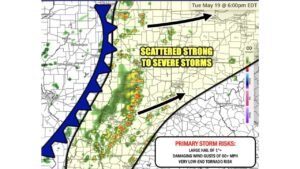 Damaging Wind Gusts of 60 MPH and Large Hail of 1 Inch Targeting Indiana Ohio and Kentucky Including Indianapolis Cincinnati Fort Wayne and Columbus Tuesday Evening by 6PM
