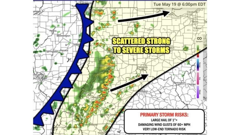 Damaging Wind Gusts of 60 MPH and Large Hail of 1 Inch Targeting Indiana Ohio and Kentucky Including Indianapolis Cincinnati Fort Wayne and Columbus Tuesday Evening by 6PM