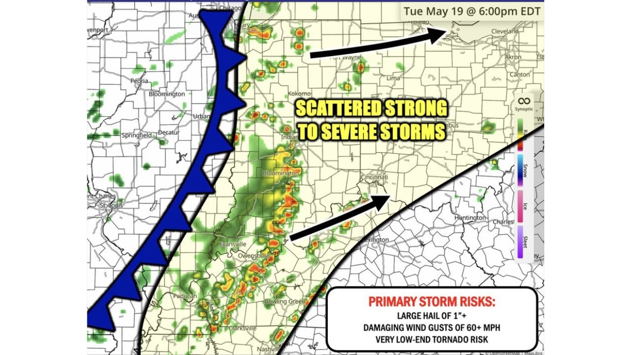 Damaging Wind Gusts of 60 MPH and Large Hail of 1 Inch Targeting Indiana Ohio and Kentucky Including Indianapolis Cincinnati Fort Wayne and Columbus Tuesday Evening by 6PM