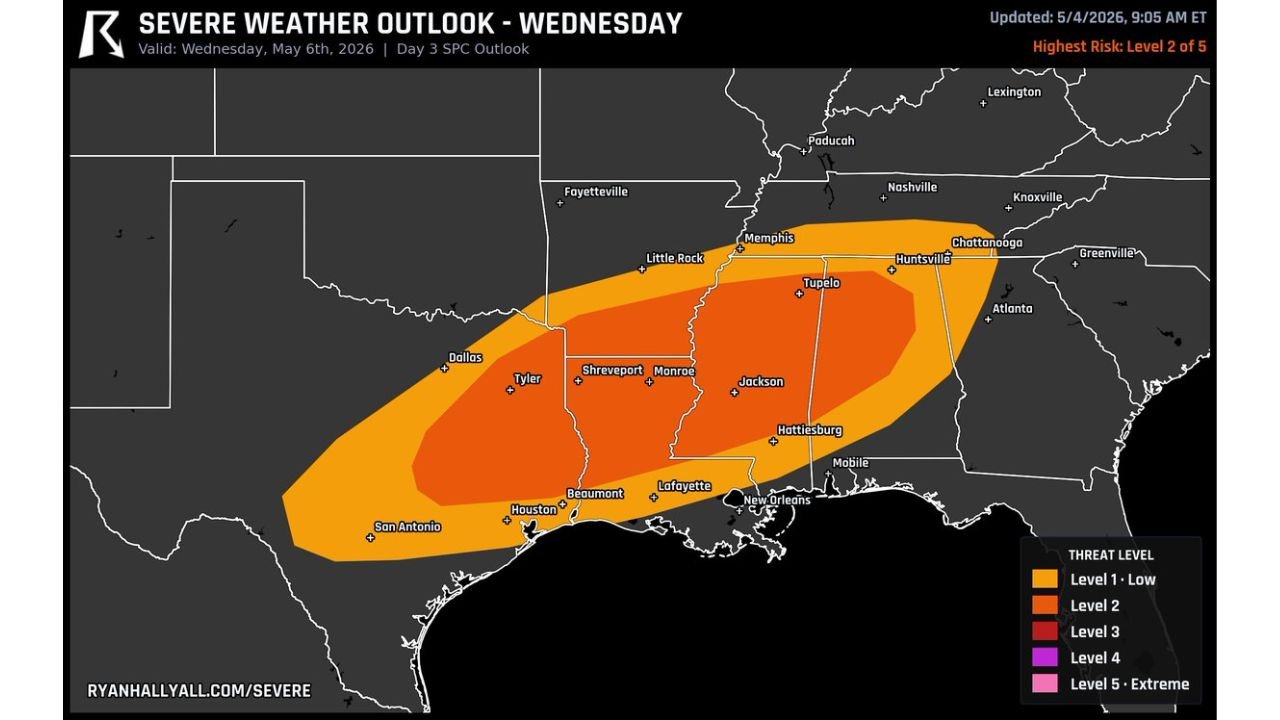 East Texas, Mississippi and Alabama Face Level 2 Severe Storm Risk Wednesday With Damaging Wind Gusts, Large Hail and Tornadoes Possible as Cold Front Moves Through Afternoon Into Overnight
