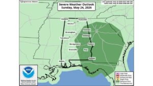 East and Southeast Alabama Face Marginal Risk of Severe Thunderstorms This Afternoon as Large Rain Areas Continue Moving Across the State With No Tornado Threat