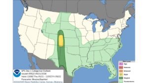 Eastern Colorado Placed Under Slight Risk of Severe Weather Thursday May 21 as SPC Day 1 Outlook Targets the Eastern Plains With Marginal Risk Spreading Across Nebraska Kansas Oklahoma and Texas